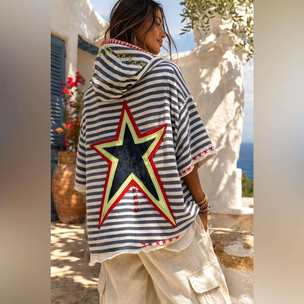 Oversized Organic Cotton Hooded Top, Star Appliqué Striped Boho Unisex Hoodie - Picture 11 of 14
